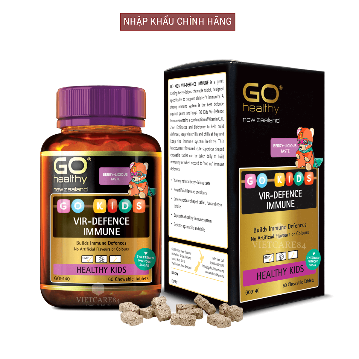 Viên nhai tăng sức đề kháng cho bé nhập khẩu chính hãng New Zealand GO KIDS VIR-DEFENCE IMMUNE   hỗ trợ tăng cường sức khỏe, tăng sức đề kháng; giảm tình trạng mệt mỏi hay ốm vặt ở trẻ em
