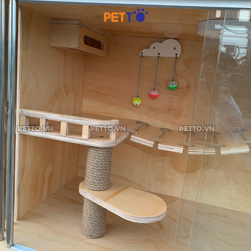 Tủ gỗ nuôi mèo cao cấp dành cho 2 bé mèo, TỦ MÈO bằng chất liệu gỗ Plywood chống nước CC090