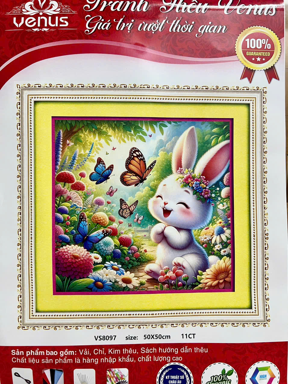 Tranh thêu kín Thỏ đùa bướm vs8097, kích thước 50x50 cm