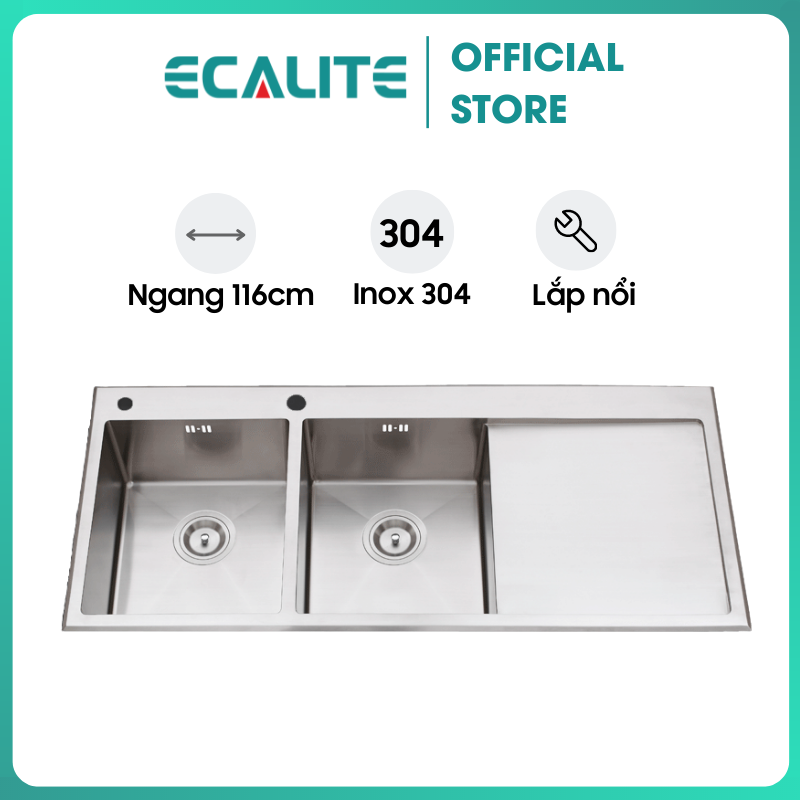 Chậu Rửa Chén Ecalite ESD-11650HS - Lắp Nổi - Chất Liệu Inox 304 Siêu Bền - 2 Ngăn Có Bàn Chờ - Hàng Chính Hãng