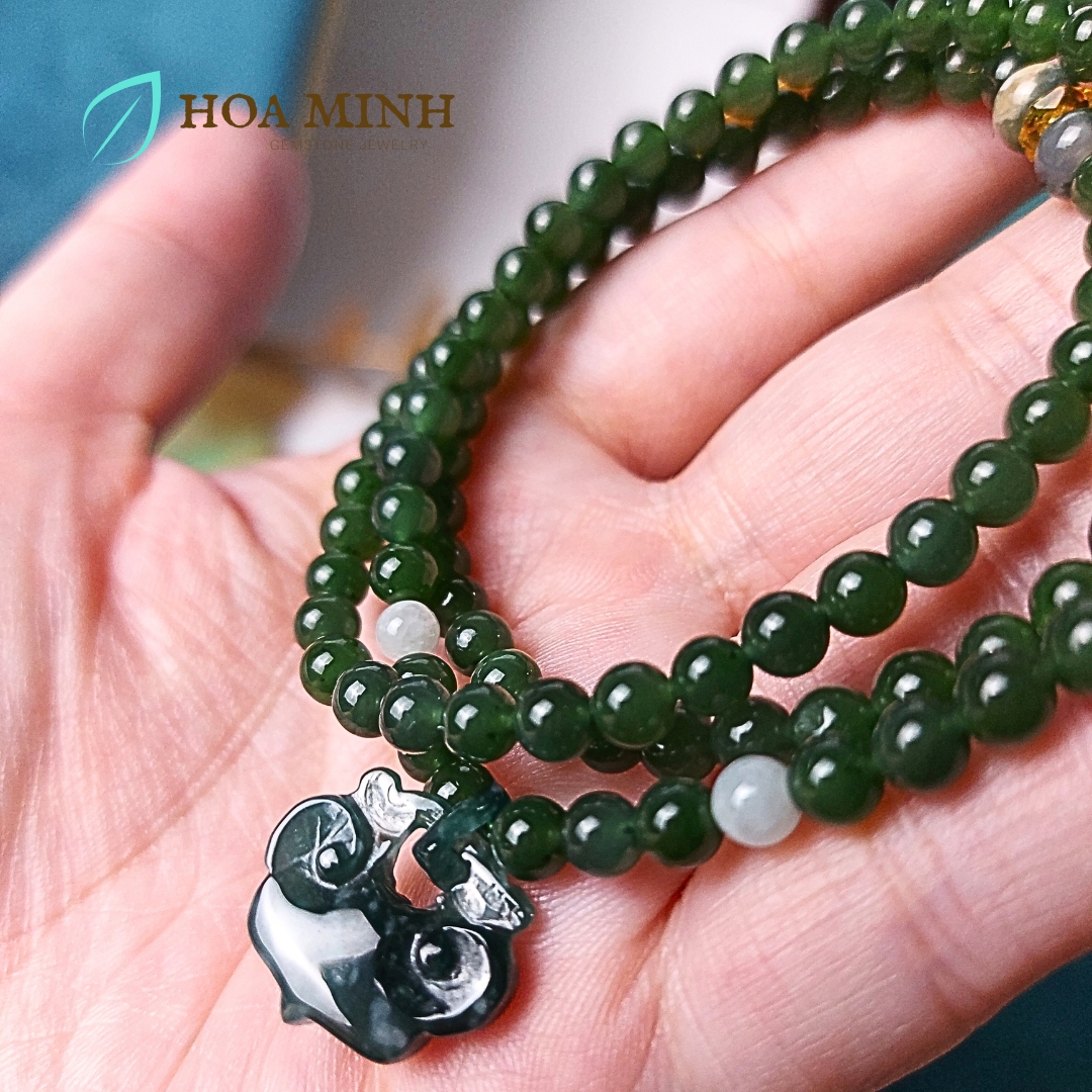 Vòng chuỗi 108 hạt Ngọc Bích Nephrite size 5 li phối Charm Khoá Trường Mệnh Lam Ngọc phong thủy bình an, tài lộc