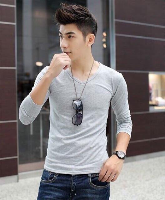 Áo thun tay dài cổ tim trơn