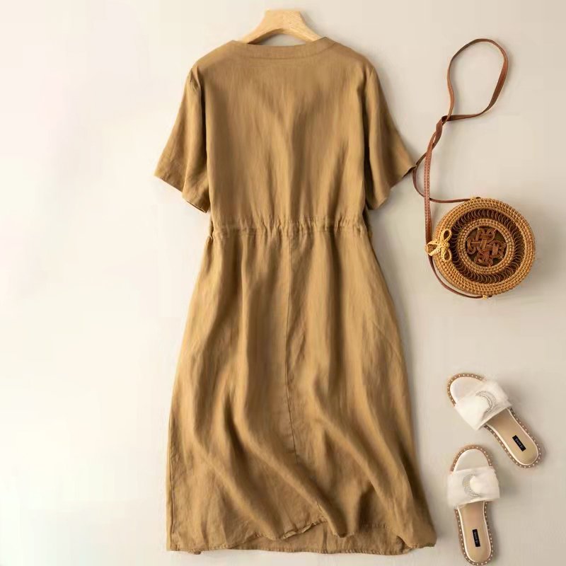 Hình ảnh Váy sơ mi dáng suông cổ V,Đầm sơ mi đũi túi ngực kèm dây thắt eo,phong cách mùa hè Hàn Quốc thương hiệu chính hãng Da72