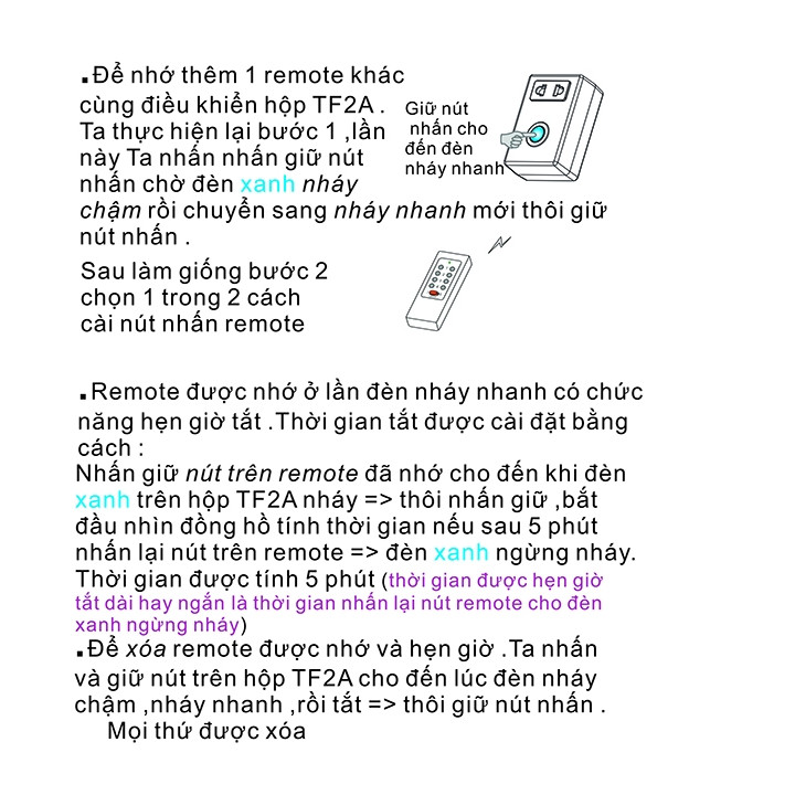 Ổ cắm học lệnh TF2A ĐKTX thông minh sử dụng được các thiết bị công suất lớn như máy bơm, bình nóng lạnh, điều hòa..( Tặng kèm 03 nút kẹp cao su giữ dây điện cố định ngẫu nhiên )