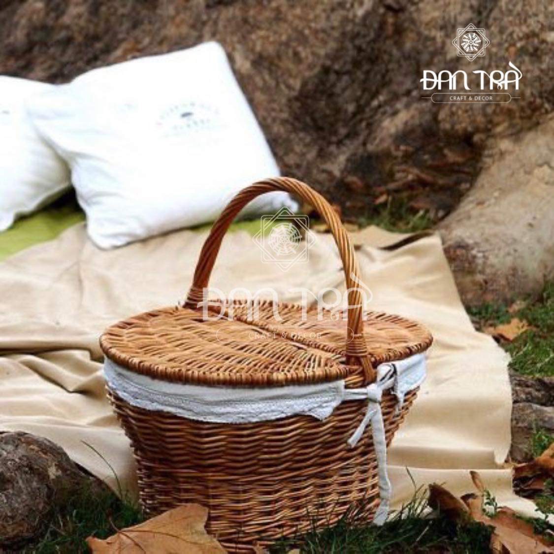 Giỏ Mây Picnic Lót Vải Có Nắp -Giỏ Mây Decor Phòng- Phụ Kiện Decor Mây Tre Đan