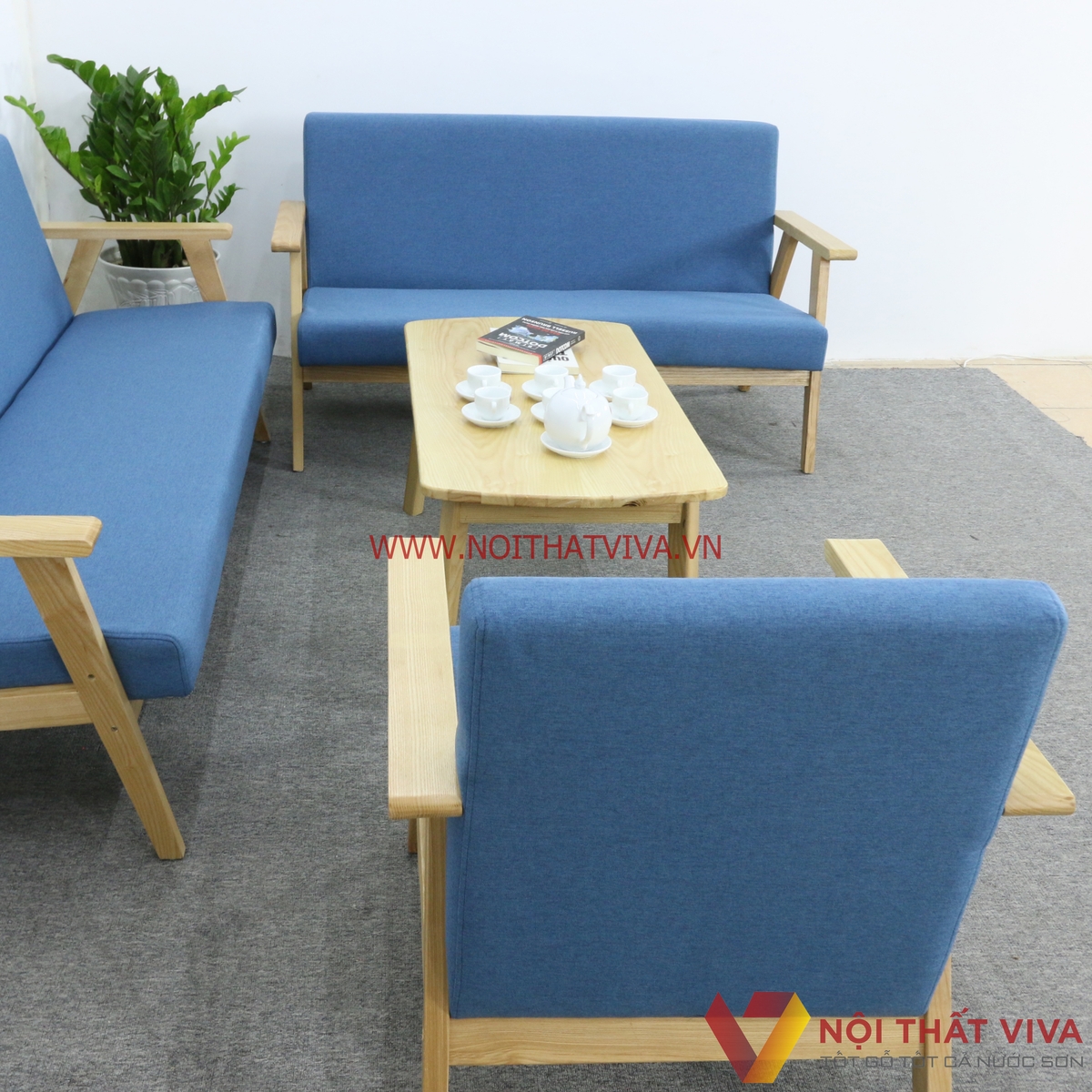 Bộ Sofa Văng Gỗ Sồi Nga Bọc Nỉ Màu Xanh Dương Đơn Giản Hiện Đại Giá Rẻ