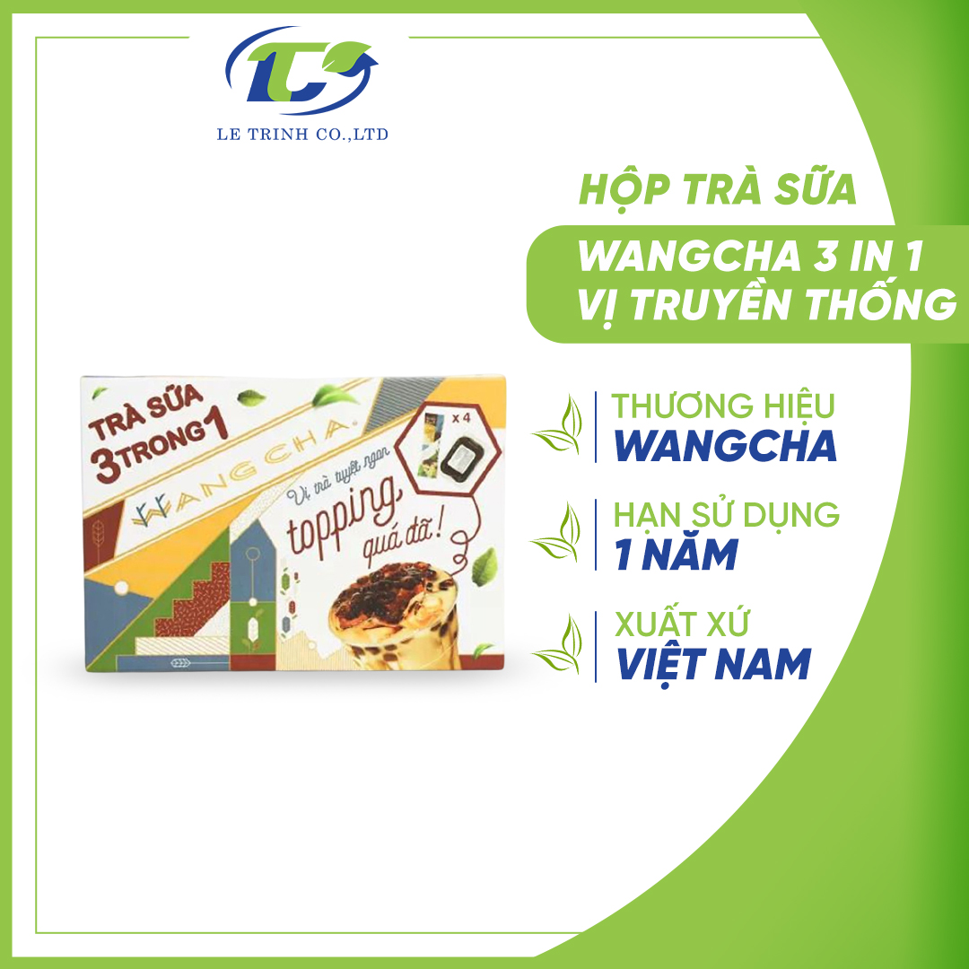 Hộp Trà Sữa Wangcha 3IN1 Vị Truyền Thống pha trà sữa tiện lợi - Bột Hòa Tan Trà Sữa 3IN1 Truyền Thống 4 gói và Thạch 3Q Caramel 4 gói  thơm ngon đi kèm - Trà Sữa 3IN1 Vị Truyền Thống cao cấp, dễ sử dụng (320gr/hộp)