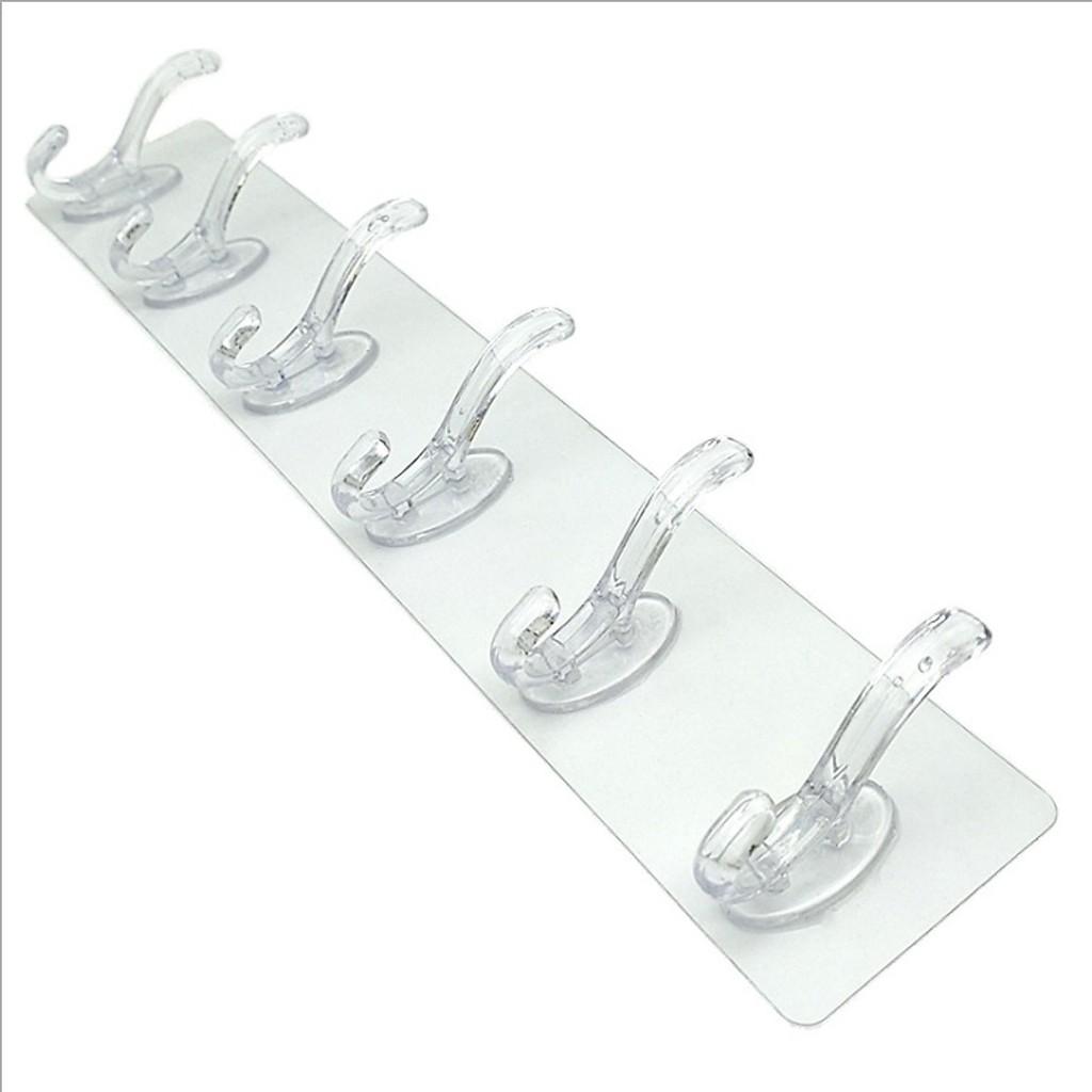 Thanh Treo 6 Móc Dán Tường 6 Nhánh Siêu Dính Trong Suốt