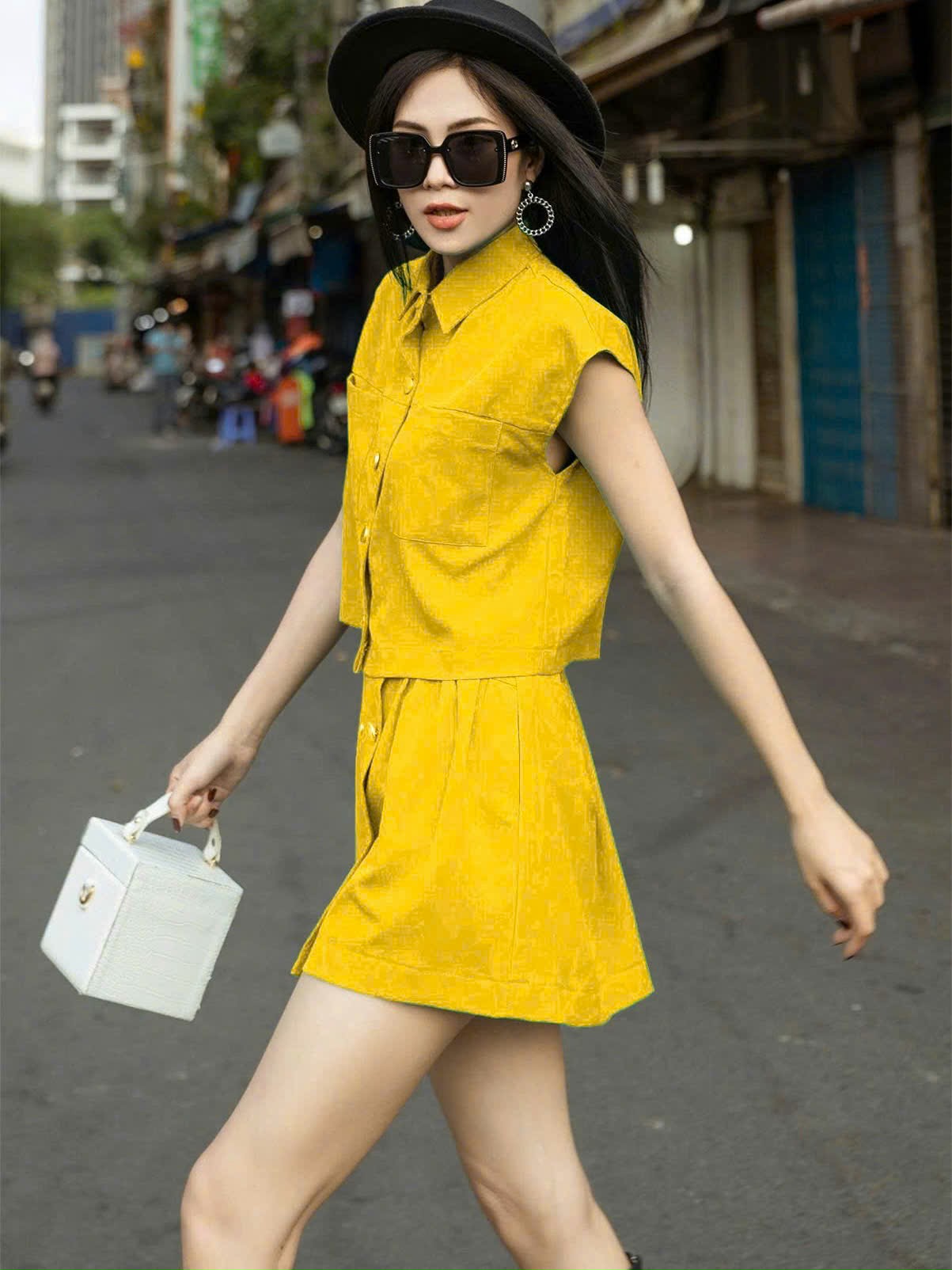 Set áo váy vàng tay con NGADO , set đồ nữ , Set đồ nữ , Set đồ nữ cá tính , Set đồ thiết kế