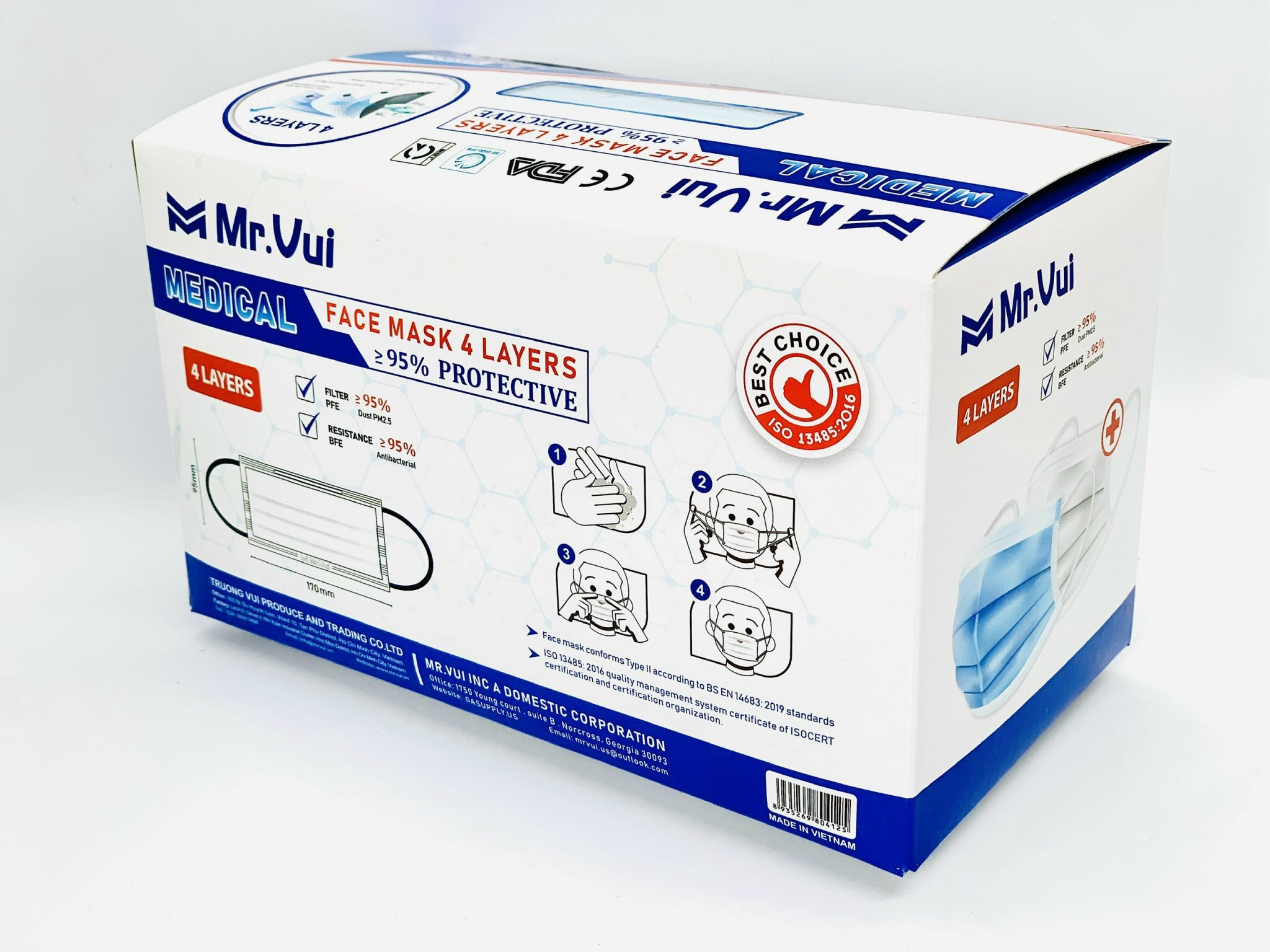 KHẨU TRANG Y TẾ 4 LỚP Mr.VUI - VẢI KHÔNG DỆT KHÁNG KHUẨN – HỘP 50 CÁI - MÀU XANH