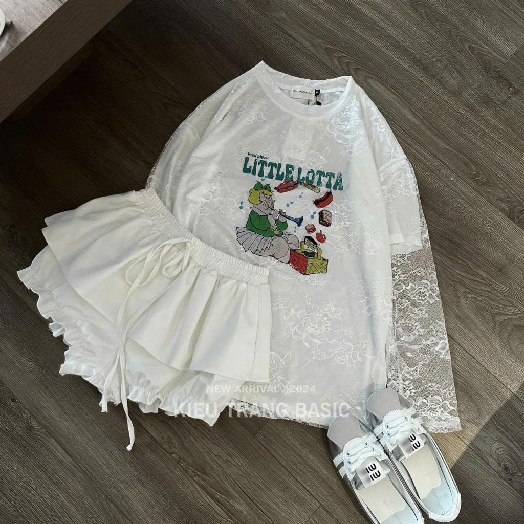 Set áo phông umi xốp pha lớp ren in hình cute phối quần chun giả váy 184 HH Bộ áo thun hoạ tiết mix quần đùi
