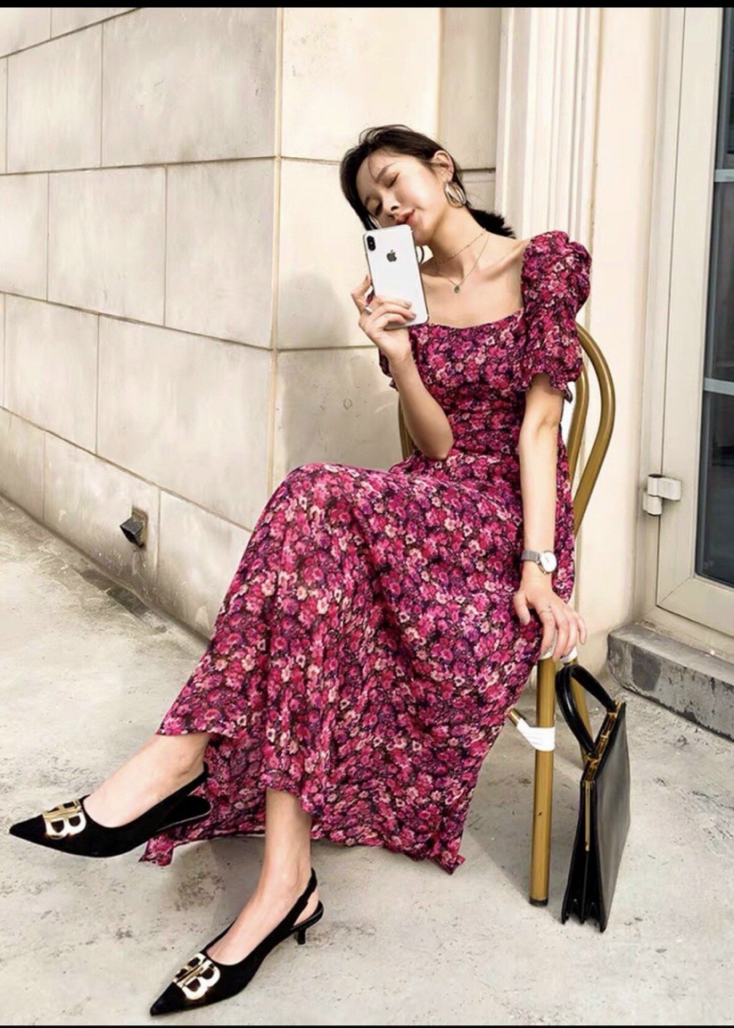 Đầm xòe maxi lụa hoa mềm mịn cổ vuông bo chun siêu co giãn vintage - VN482001