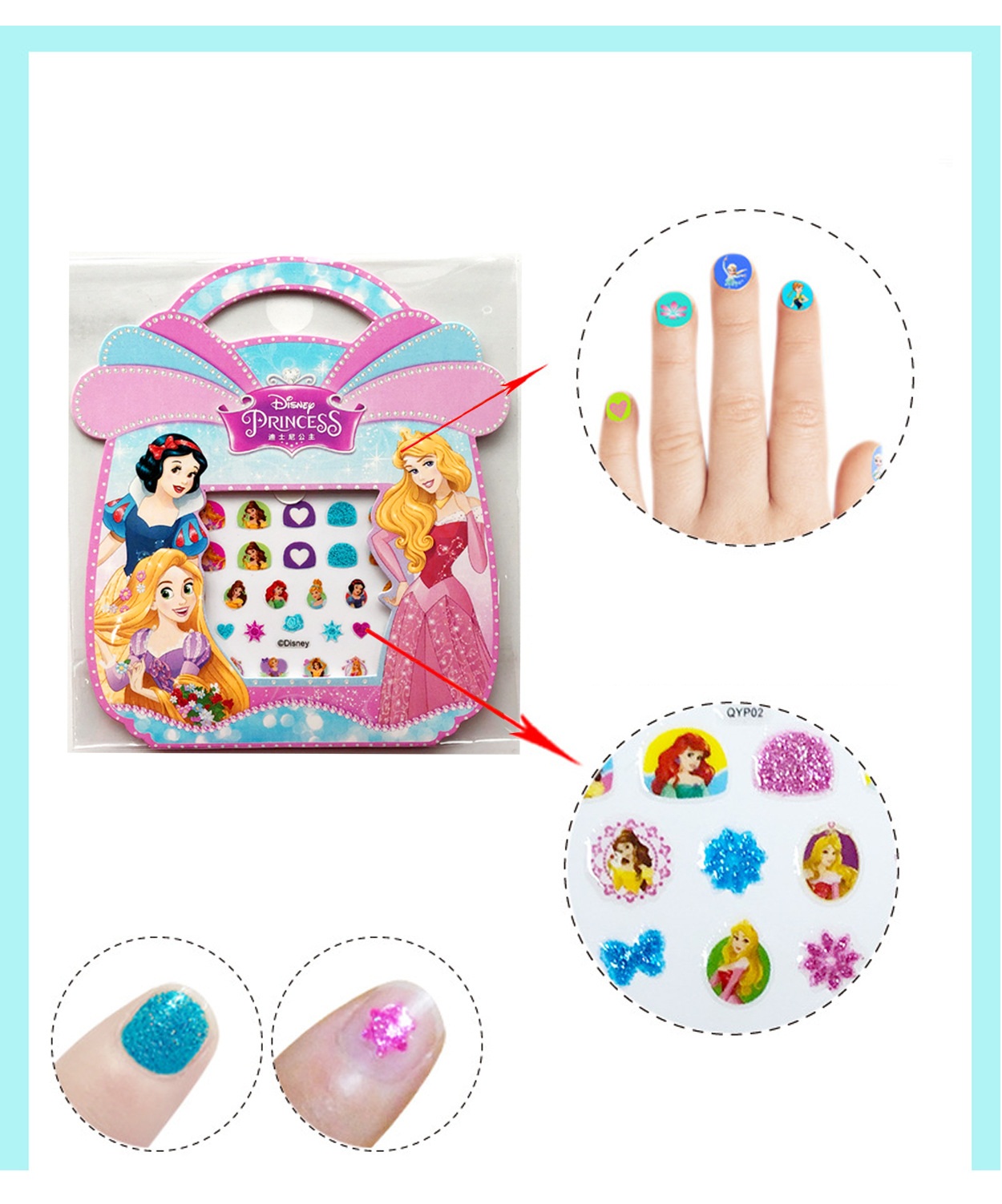 Combo 5 tờ Nail Sticker ngẫu nhiên , miếng dán móng tay hoạt hình kiểu túi xách nơ Frozen Sofia Princess Toy Pooh Minnie cho trẻ em 001