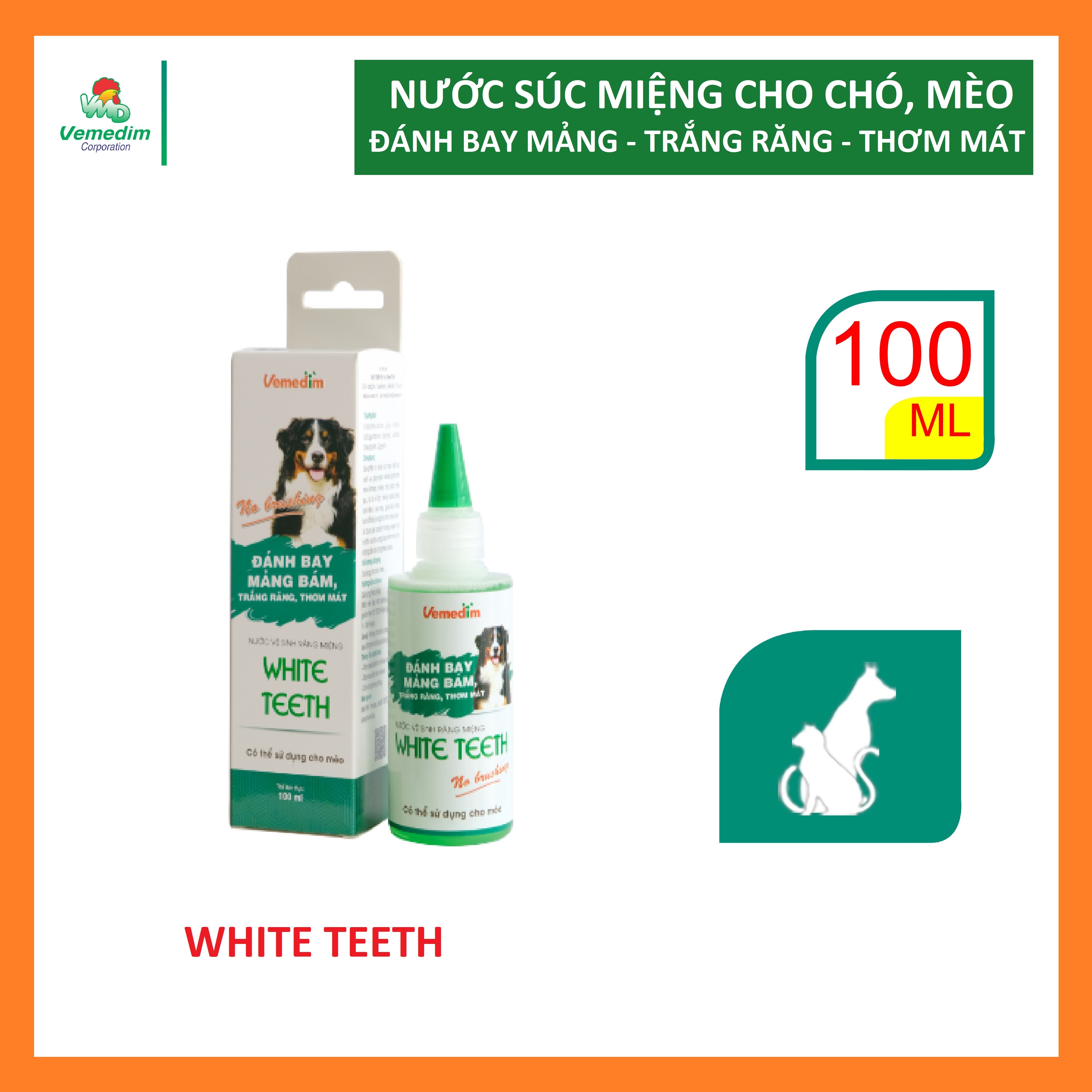 Vemedim WHITE TEETH - Nước súc miệng đánh bay mảng bám, trắng răng, thơm mát dùng cho chó, mèo