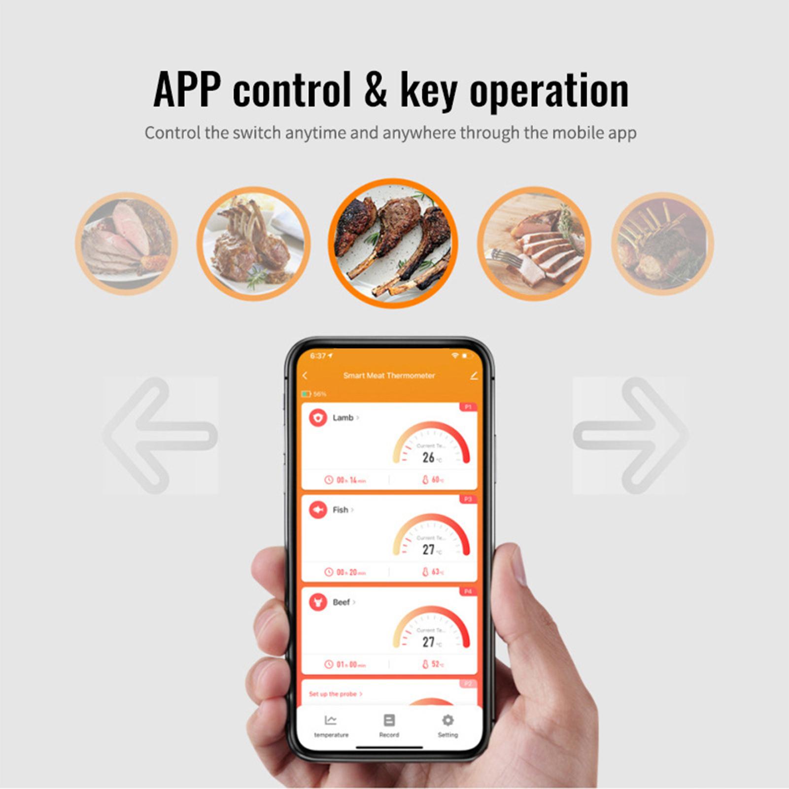 Smart Meat Thermometer with 4 Probes Digital LCD Display 262ft BT Distance APP Remote Control Timer Sharing Alarm Temperature Smart Cooking Thermometers for Barbeque Grill Oven Kitchen