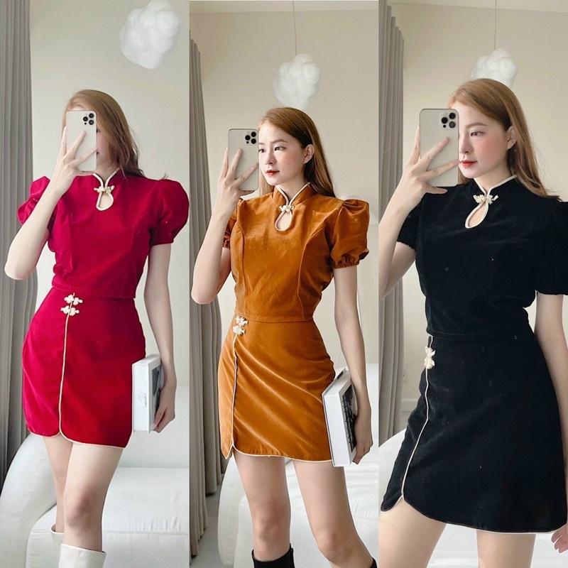 Set áo croptop cổ tàu cutout ngực với chân váy viền
