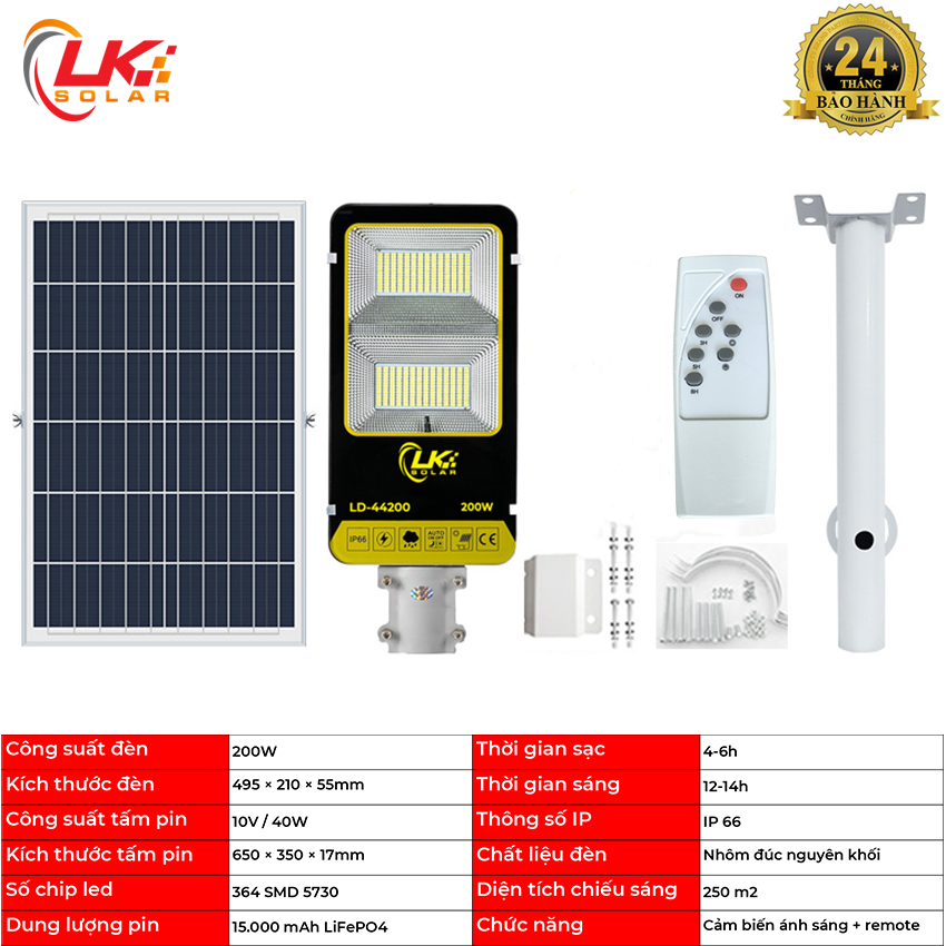 Đèn Đường Led Năng Lượng Mặt Trời Siêu Sáng 200W CHÍNH HÃNG- LK SOLAR LD-44200, Sử dụng 100% năng lượng mặt trời, lắp đặt ngoài sân, đường phố, trang trại, cảm biến ánh sáng, có remote điều khiển