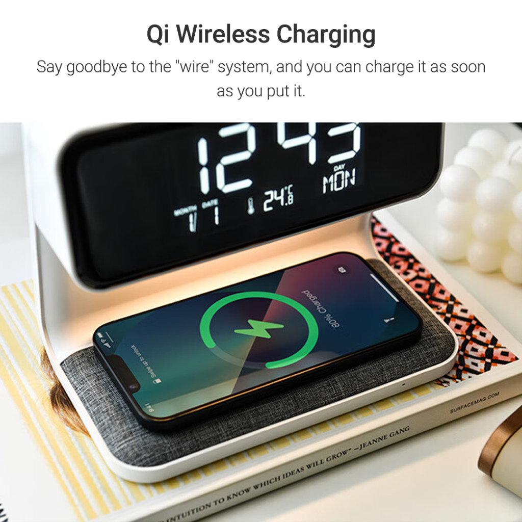 Đèn đầu giường sạc không dây xiaomi youpin với ba cấp độ mờ, hiển thị thời gian, đồng hồ thời gian cố định, sạc không dây