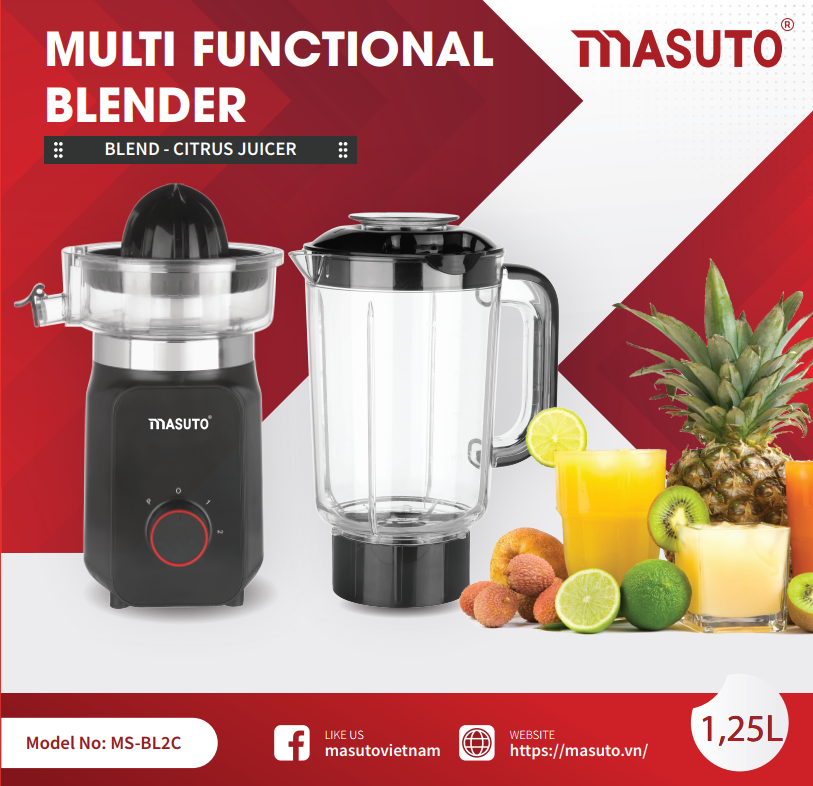 Máy xay sinh tố vắt cam đa năng Masuto Blender cối 1,25L say đá viên hoa quả smoothie siêu nhuyễn mịn-HÀNG CHÍNH HÃNG