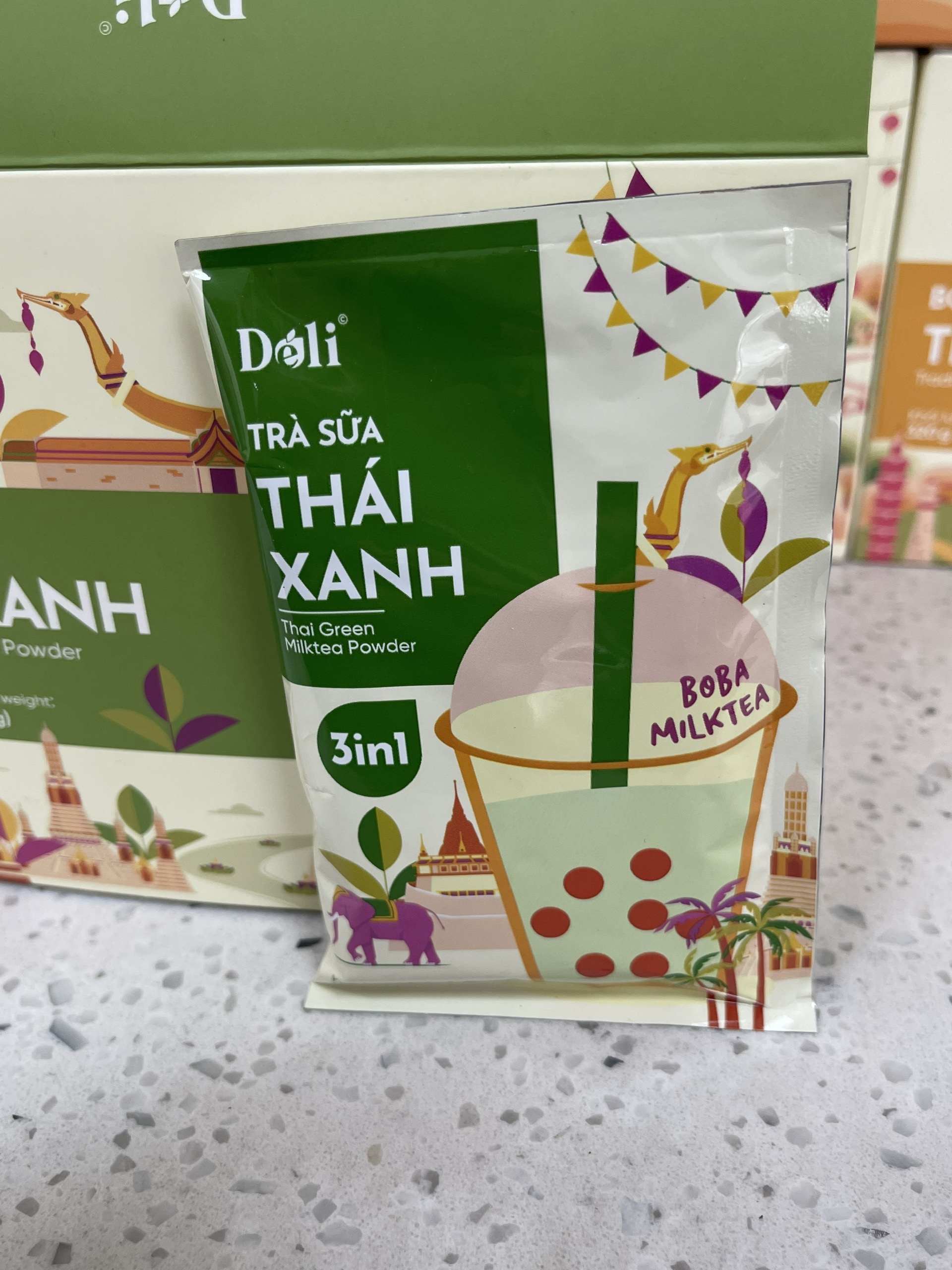 Bột pha chế trà sữa Trán Châu 3in Thái xanh - Hộp 240gr, pha chế tiện lợi, nhanh chóng