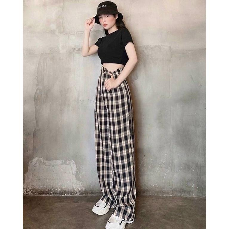 Quần Ống Rộng Nữ Kẻ Caro Lưng Cao Loại Đẹp - Quần Ống Suông Cạp Cao Kanimi - QD27