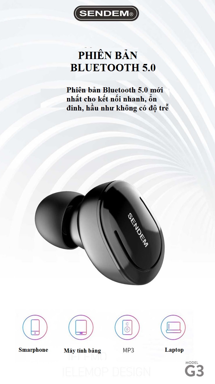 Tai nghe Bluetooth True Wireless SENDEM G3 V5.0 siêu nhỏ - Hàng chính hãng