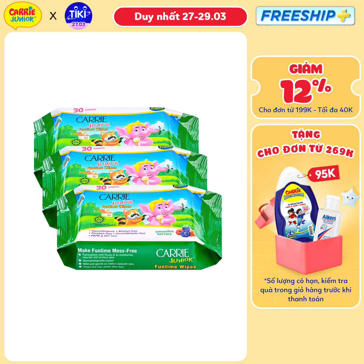 Combo 3 Gói Khăn Giấy Ướt Carrie Junior Funtime Smoothie Berries 30 tờ/ gói