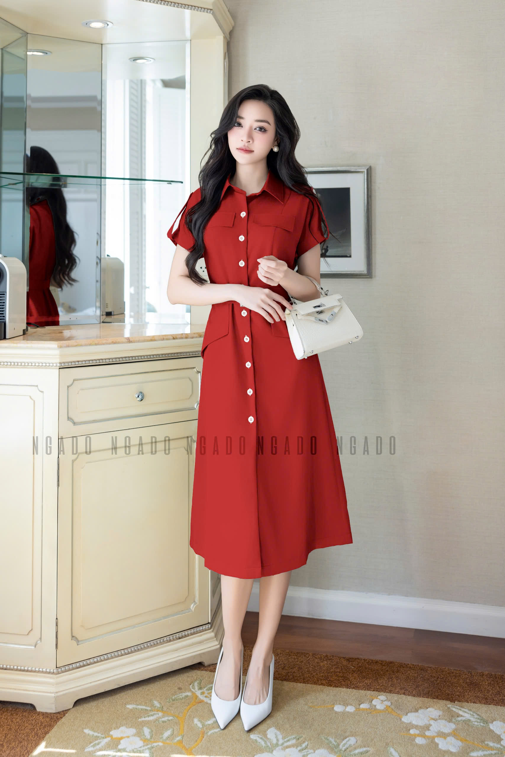 Đầm sơ mi đỏ NGADO , đầm kiểu Nữ , đầm dự tiệc , sang trọng