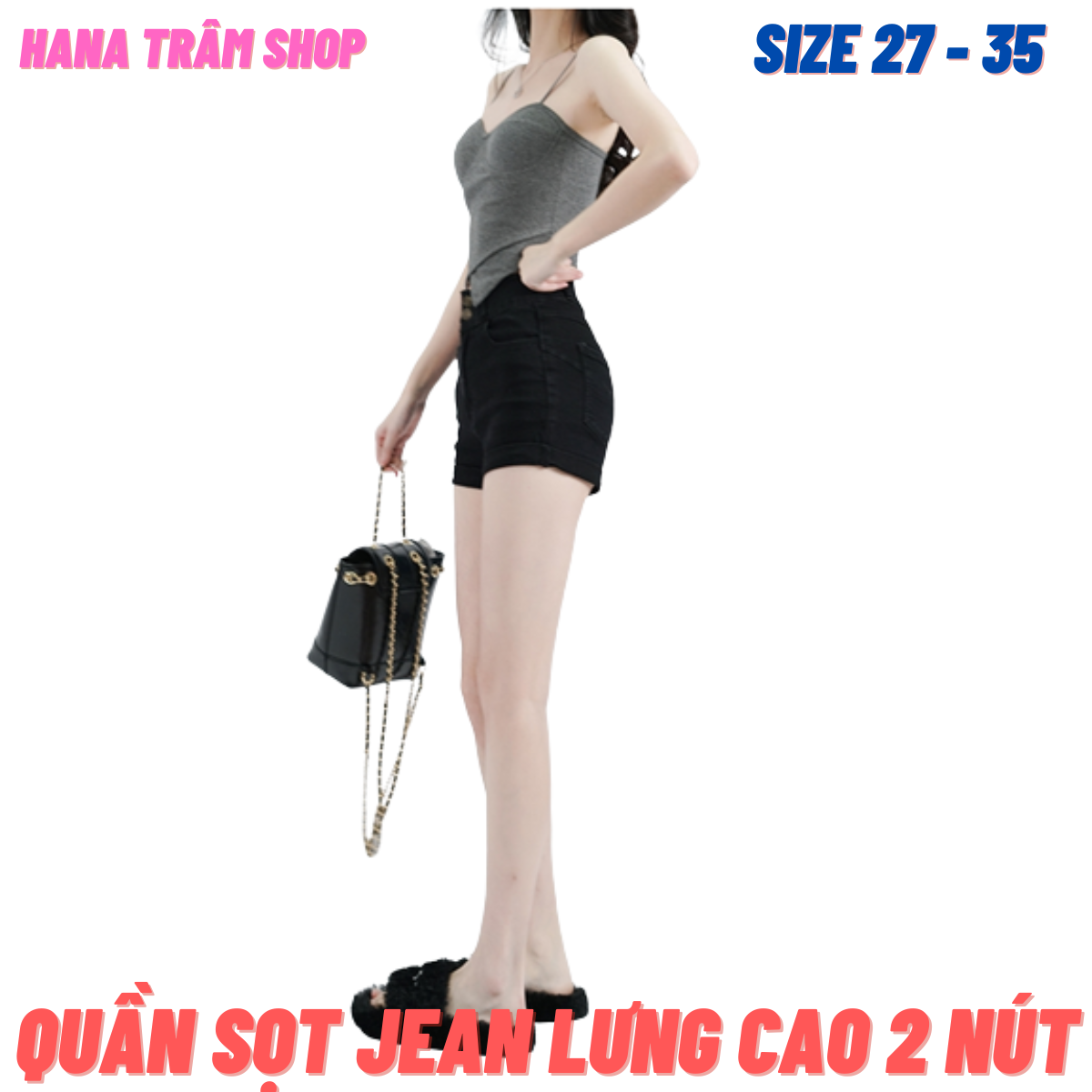 Quần Sọt Jean Nữ Lưng Cao 2 Nút  Co Giãn Mạnh Màu Đen Có  Size Đại Ảnh Thật