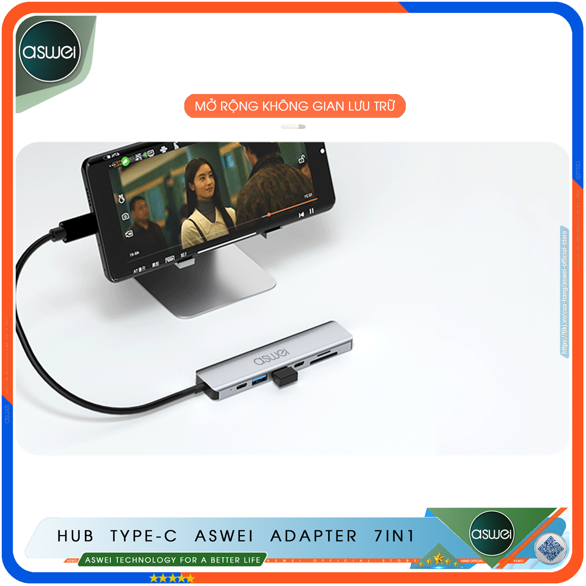 Hub Type C To HDMI ASWEI 7 in 1 Chuẩn HDTV - Hub Chuyển Đổi USB Type-C To HDMI 4K, USB 3.0, Sạc Nhanh PD 100W, USB-C, Đầu Đọc Thẻ Nhớ SD TF - Bộ Chia USB Kết Nối Tốc Độ Cao - Dành Cho Macbook, Laptop, PC, Máy Tính Bảng, Điện Thoại - Hàng Chính Hãng