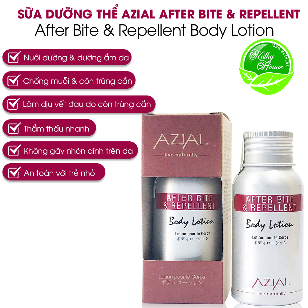 Sữa dưỡng thể AZIAL After Bite &amp; Reppelent Body Lotion, 100% thiên nhiên, phòng chống muỗi và côn trùng cắn, chai 50ml