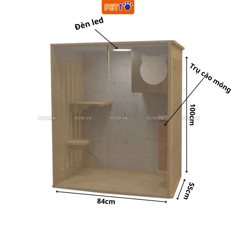 Tủ mèo bằng GỖ CAO CẤP chuồng mèo có hệ thống ĐÈN LED, cửa kính cường lực trong suốt độ có bền cao CC022