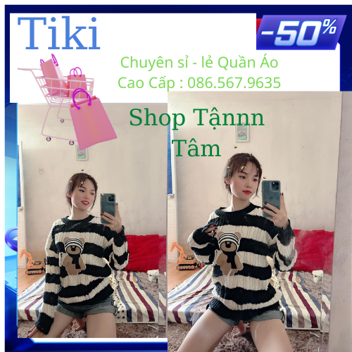 Áo len RÁCH gấu nữ form rộng dày dặn ulzzang hàng QCL1, Áo len cổ tròn sọc ngang đen trắng gấu Bear siêu nổi bật phong cách tiểu thư sang chảnh hàn quốc ulzzang trùm mông- Shop Tậnnn Tâm