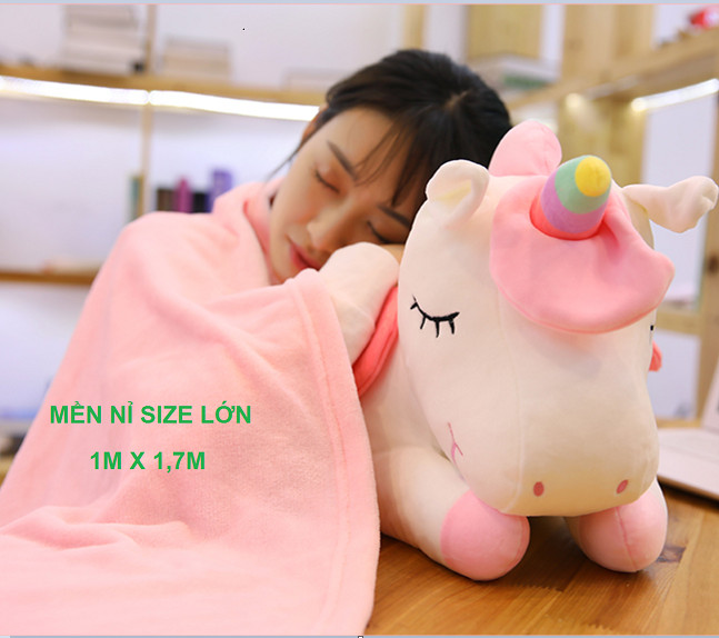 Gối ngủ văn phòng hình kì lân unicorn có cánh kèm chăn, 3 in 1 (gối, chăn, tựa lưng) gối 55x30x20cm +chăn 1mx1m7