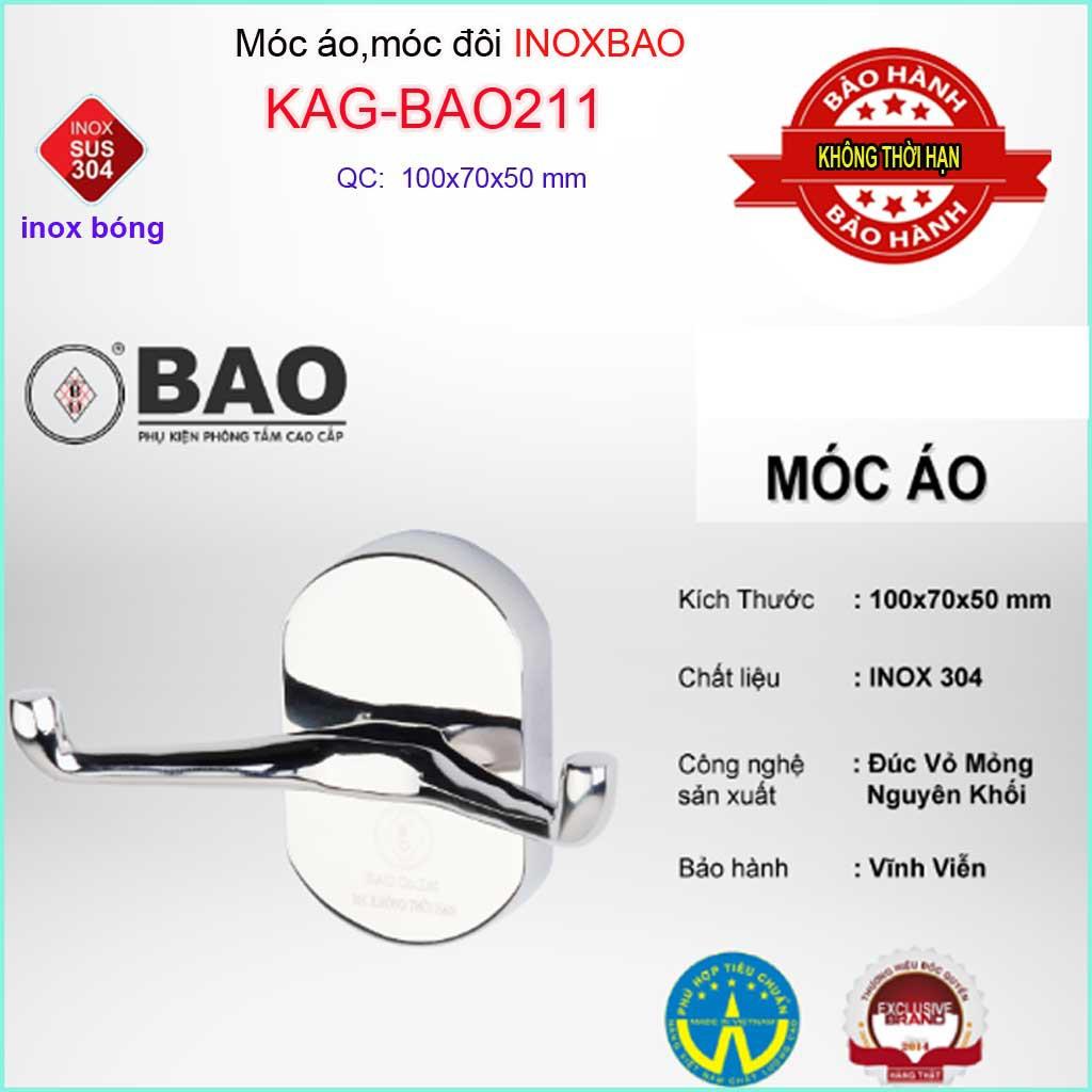 Móc đôi Inox Bảo KAG-BAO211, móc 2 treo đồ nhà tắm SUS304 đế đúc thiết kế tuyệt đẹp sang trọng tinh tế đến từng chi tiết