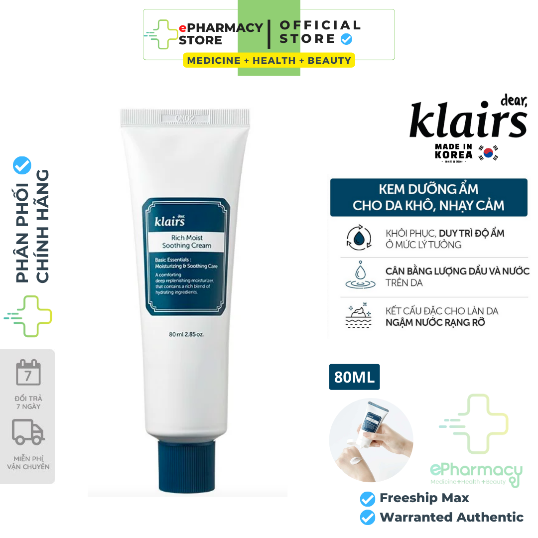 Kem Dưỡng Ẩm Klairs Rich Moist Soothing Cream cho da khô cấp ẩm & chống lão hóa 80ml