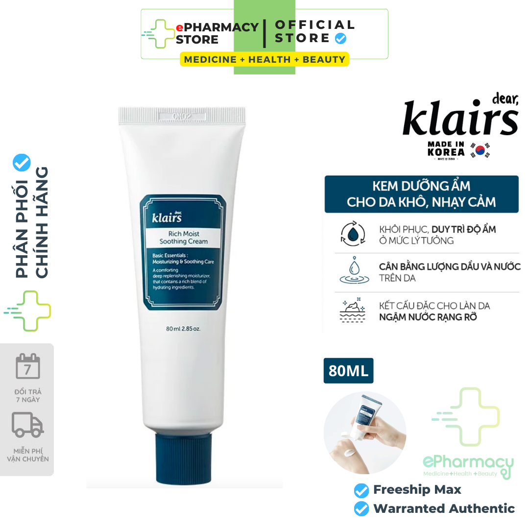 Kem Dưỡng Ẩm Klairs Rich Moist Soothing Cream cho da khô cấp ẩm &amp; chống lão hóa 80ml