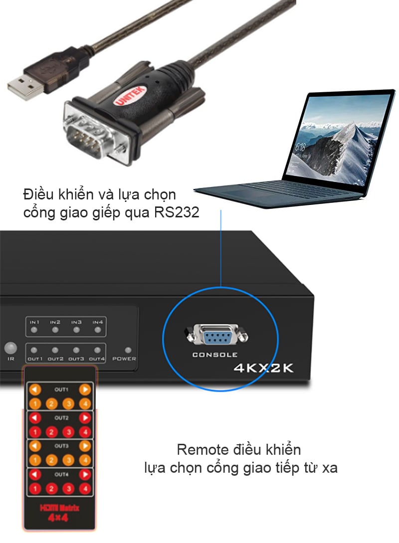 Bộ Chuyển Mạch HDMI Ma trận 4x4 MT-HD414 - Hỗ trợ 4K30Hz (Kèm Remote) - Hàng Nhập Khẩu