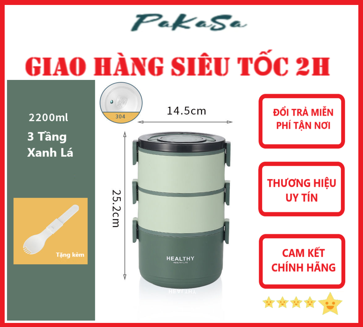 Cà Mèn 3 Tầng Giữ Nhiệt Lõi Inox 304 Cao Cấp Có Thể Tách Rời HEALTHY - Hàng Chính Hãng