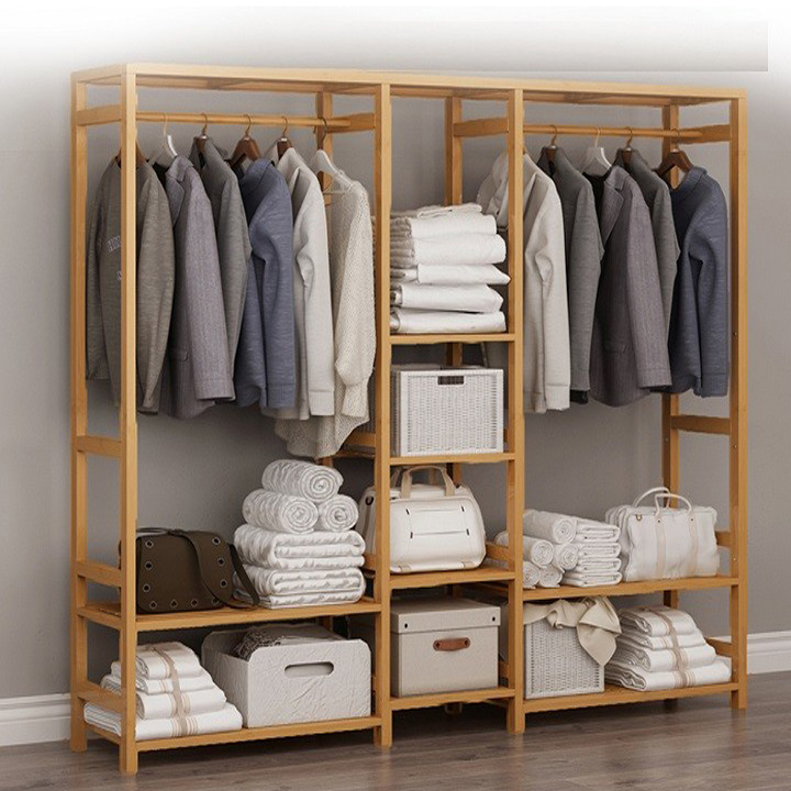 Tủ quần áo gỗ tre mẫu lớn 165cm - Khung treo quần áo cao cấp