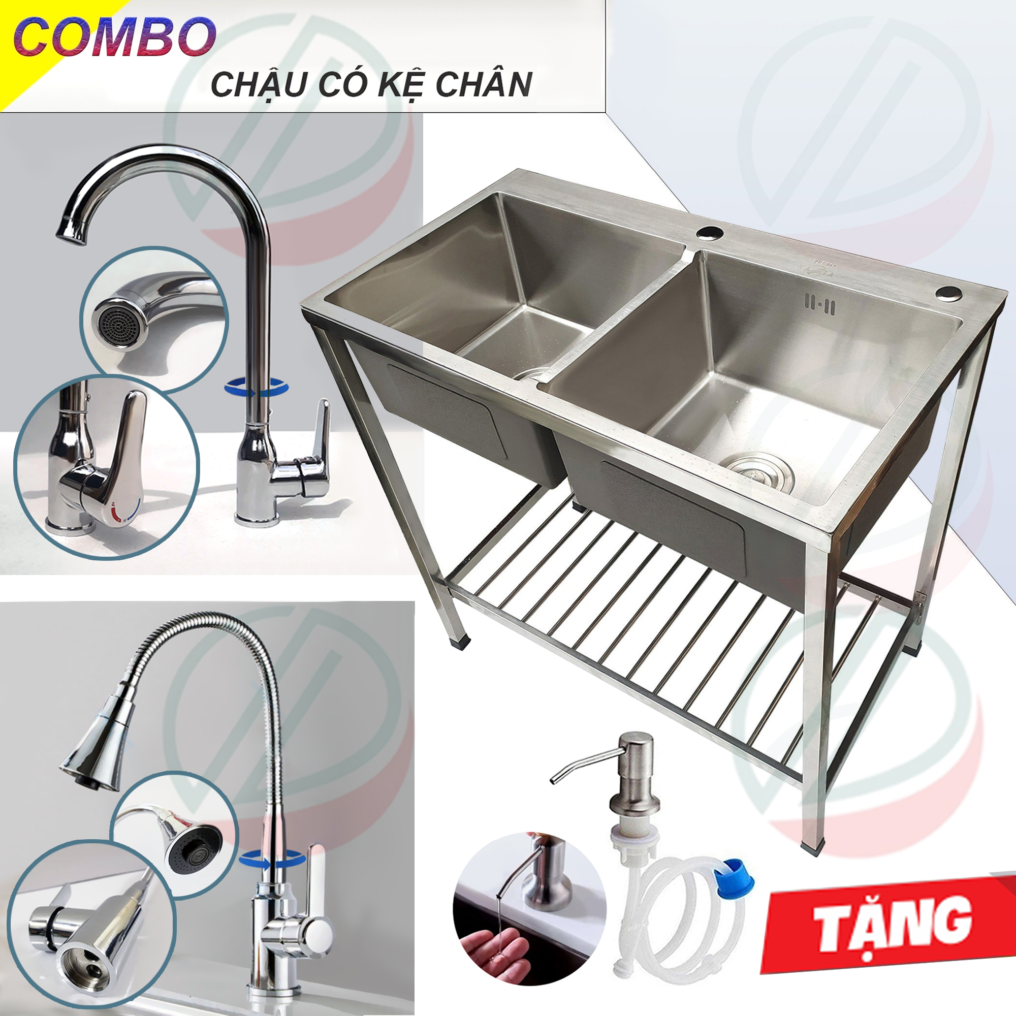 Bộ Chậu Rửa Chén Bát 2 Hộc Có Chân Cao 81cm KAZTA Kèm Vòi Inox Nóng Lạnh - Gồm kệ chân, chậu 82x45cm, 100x50cm, vòi, bộ xả