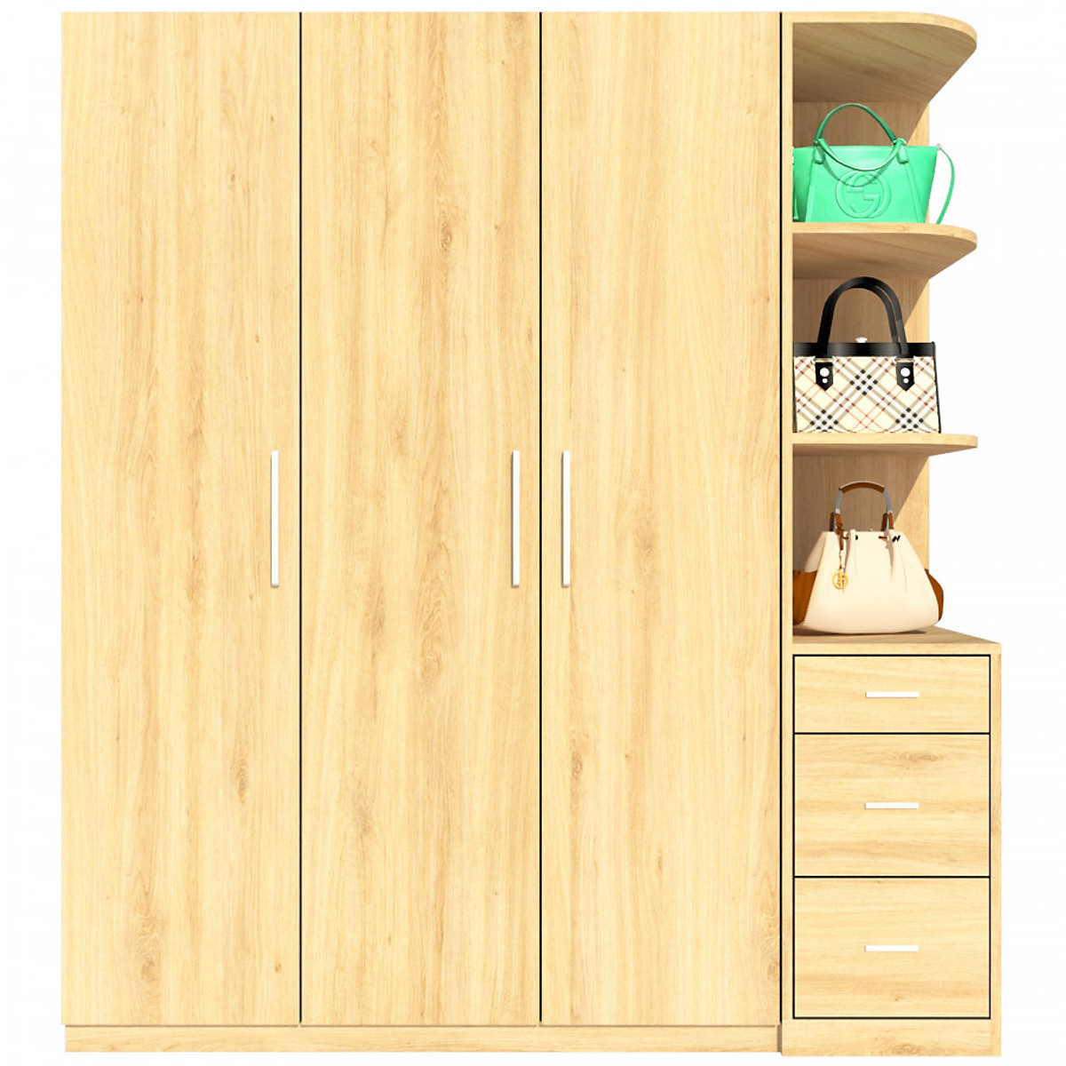 Tủ quần áo gỗ MDF Tundo 3 cánh 3 ngăn kéo màu vàng sồi 180 x 55 x 200cm