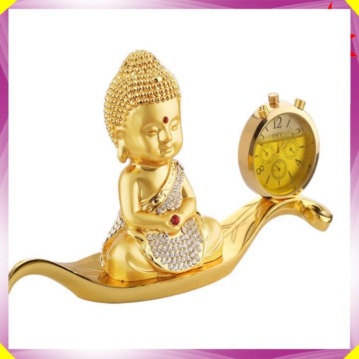 Tượng phật cao cấp đúc đồng mạ vàng, tích hợp đồng hồ trang trí trong nhà, taplo xe hơi, ô tô - Mã: A72542