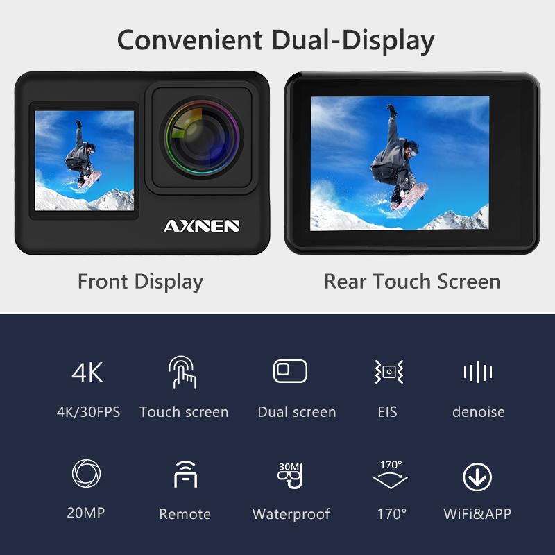 Axnen A10 Camera hành động Ultra HD 4K 30fps 20MP Camera Vlog Touch Màn hình điều khiển điều khiển điều khiển từ xa 1080p