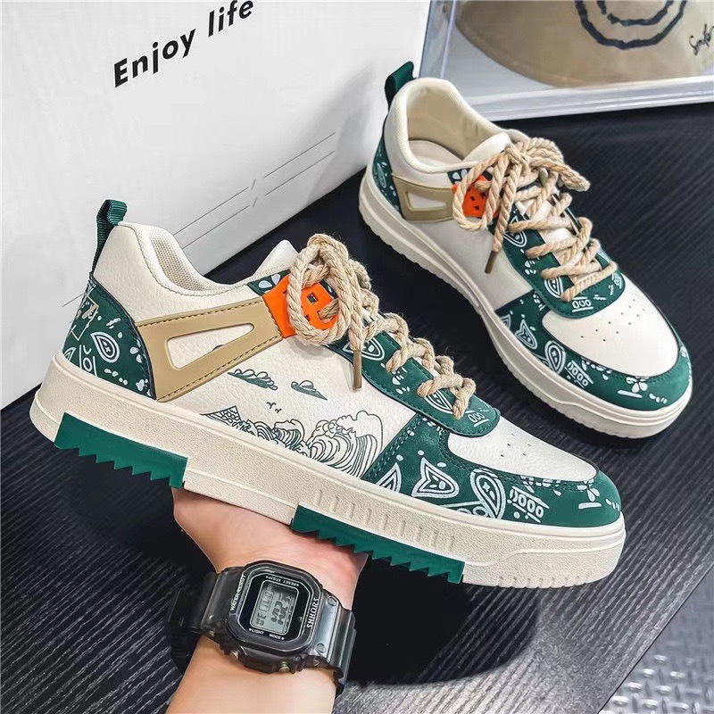 Giày Sneakers Nam Laceva Hoạ Tiêt Vintage, Dây Vặn Thừng Trẻ Trung Mã G01