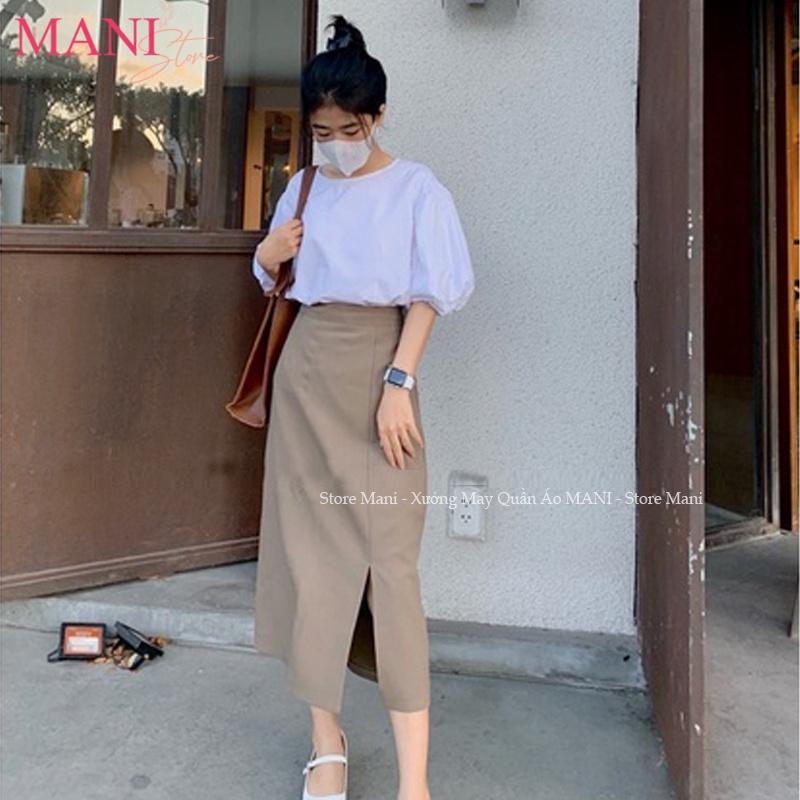 Chân váy dài ulzzang midi mặc qua gối xẻ tà - Kiểu chân váy công sở màu đen dài cạp cao vải tuyết mưa mặc đi làm chơi