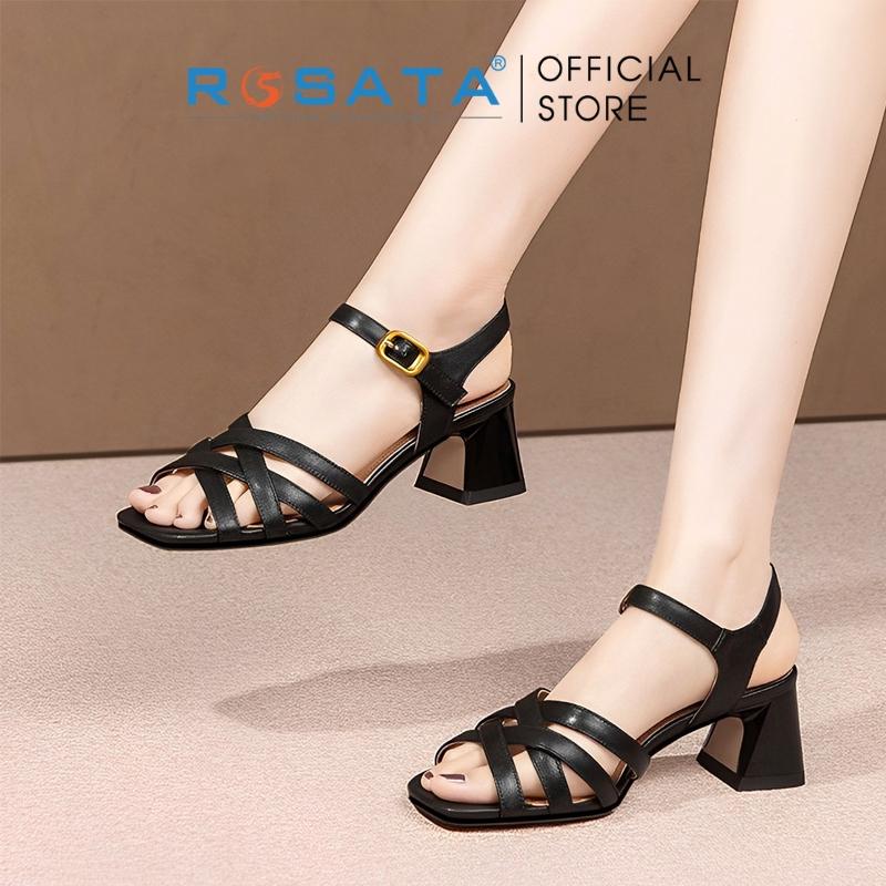 Giày sandal cao gót nữ ROSATA RO584 xỏ ngón phối dây mũi tròn quai hậu khóa cài dây mảnh gót vuông cao 5cm - NÂU