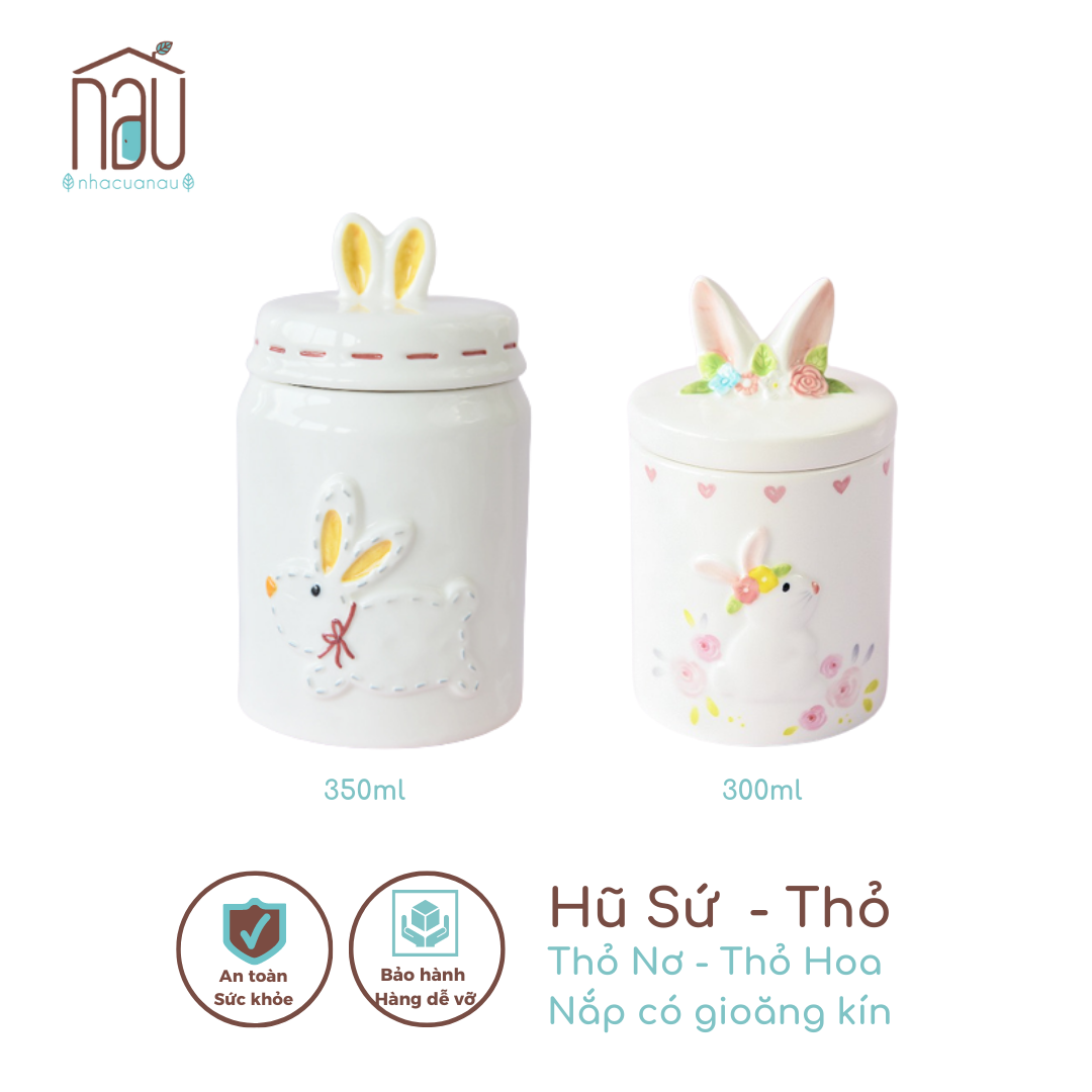 Hũ sứ Thỏ béo siêu xinh, nắp có gioăng cao su kín khít để đựng đường, muối, gia vị, hạt dinh dưỡng, cafe