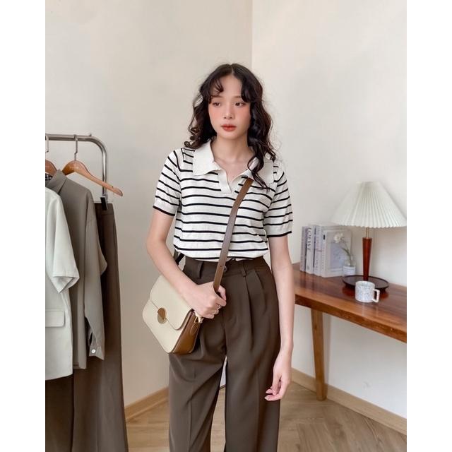 Áo len nữ kẻ ngang cổ v tay lửng 72a63 by germe