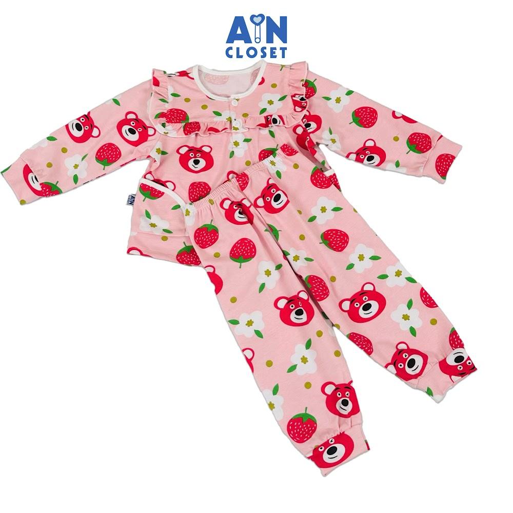 Bộ quần áo Dài bé gái họa tiết Gấu Dâu Hồng Thun lụa - AICDBGELVHRS - AIN Closet